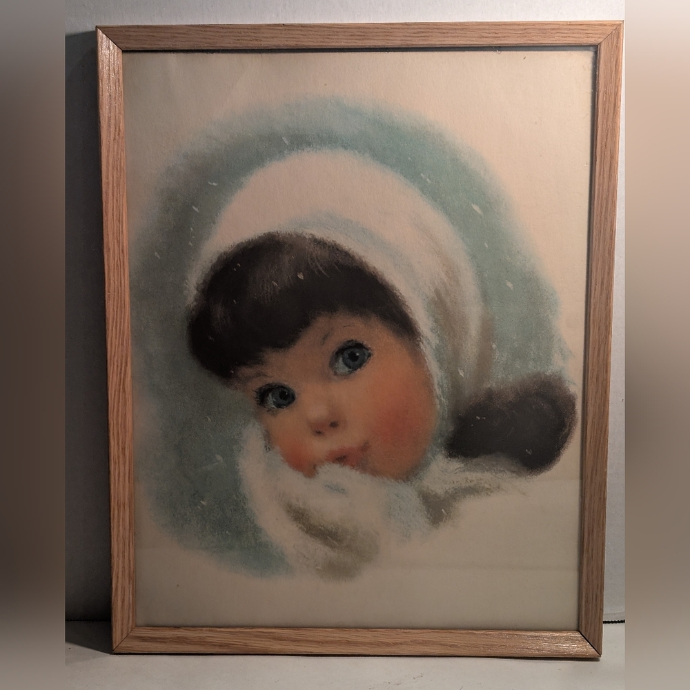 Young Child Little Girl Art Beautiful Artwork Print Snowing Winter.